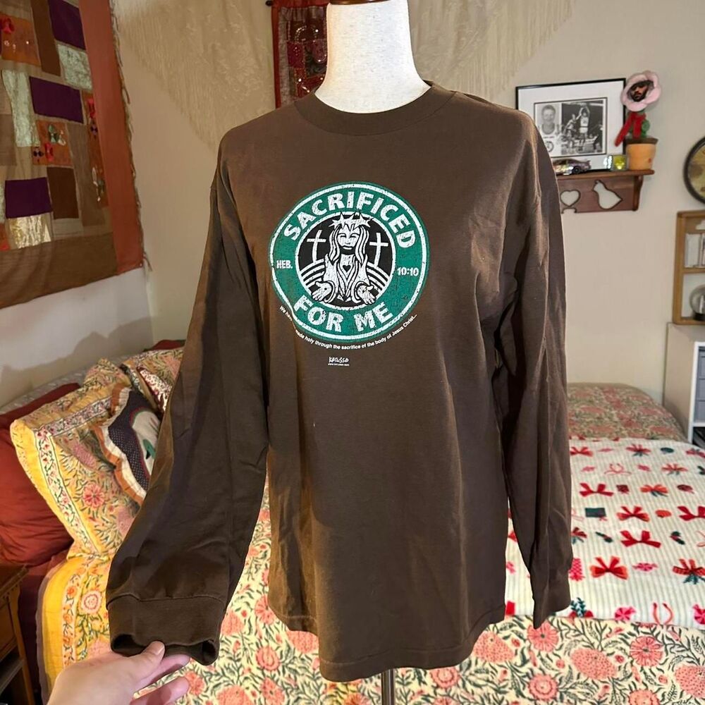 Vintage Jesus Parody Brown Starbucks Graphic Long Sleeve T-shirt